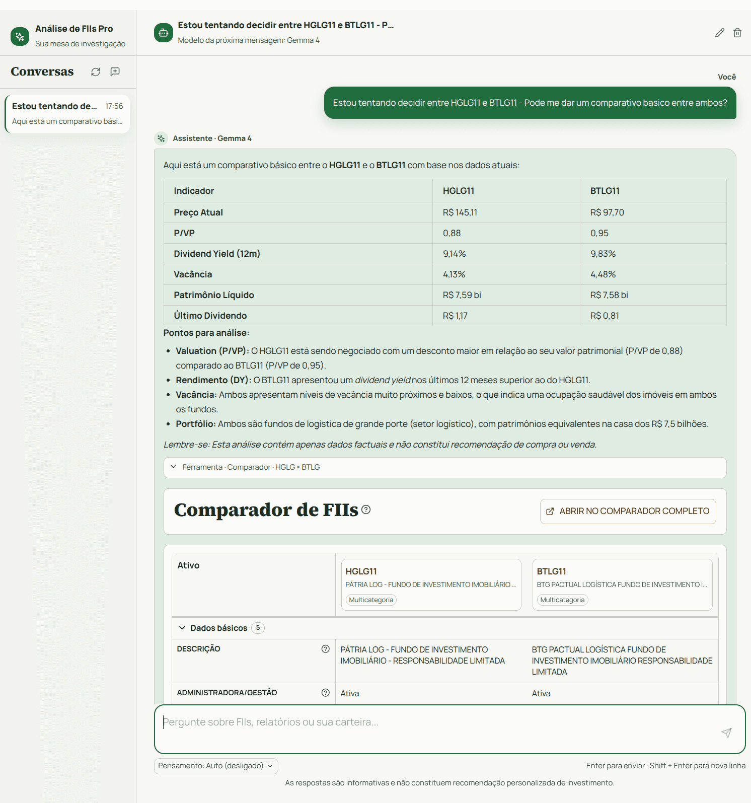 Conversa do Copiloto comparando os fundos HGLG11 e BTLG11 com indicadores e o comparador completo