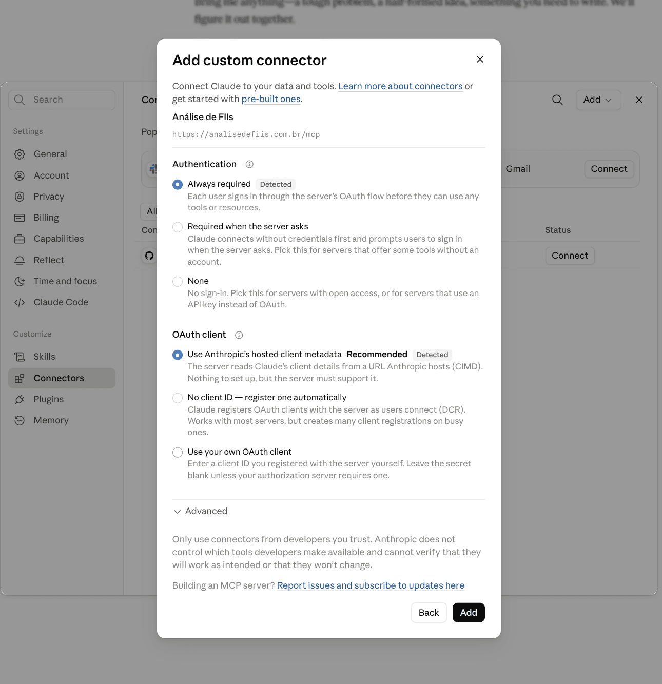 Tela do Claude para adicionar o connector MCP da Análise de FIIs