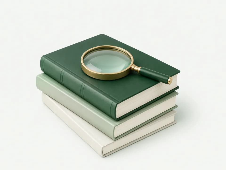 Livros verdes e uma lupa representando pesquisa e conhecimento